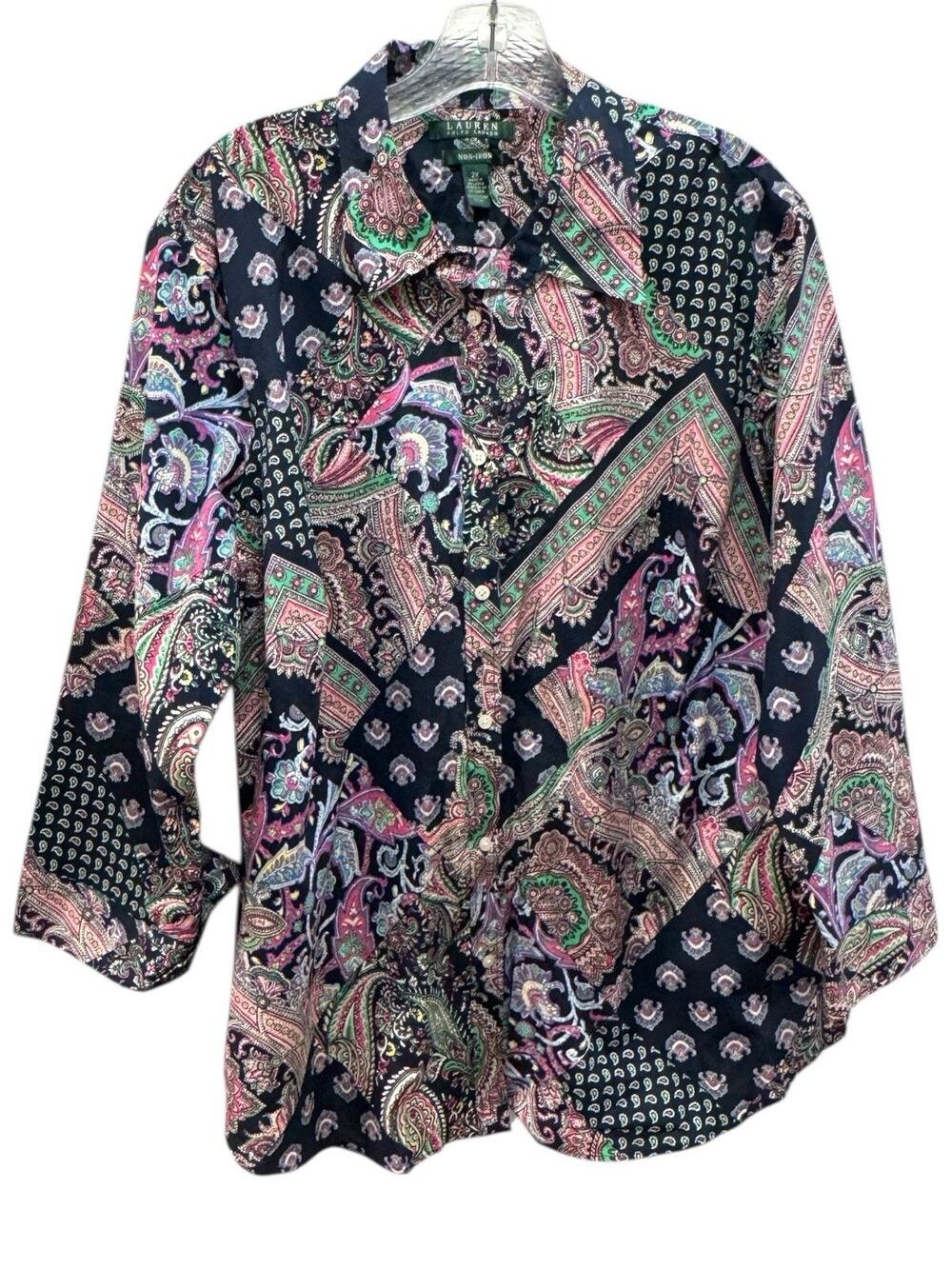 Lauren Ralph Lauren Non-Iron Shirt Button-Up Women’s Size 2XL Navy Pink Paisley